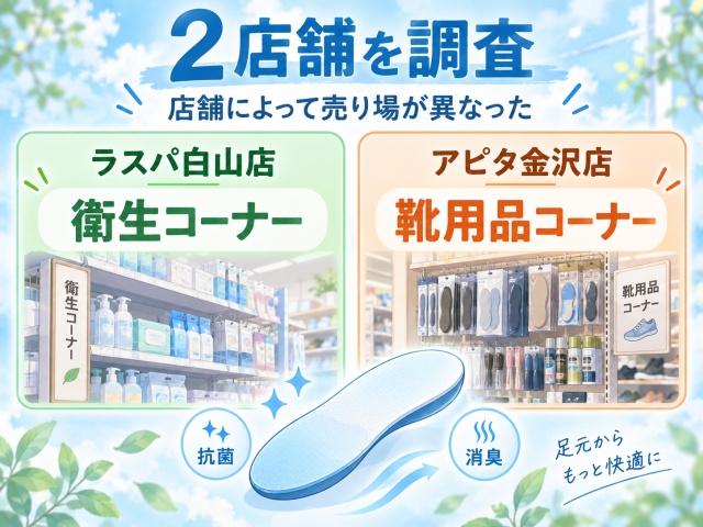 セリア2店舗で抗菌・消臭インソールの売り場を調査し、衛生コーナーと靴用品コーナーで確認した比較図
