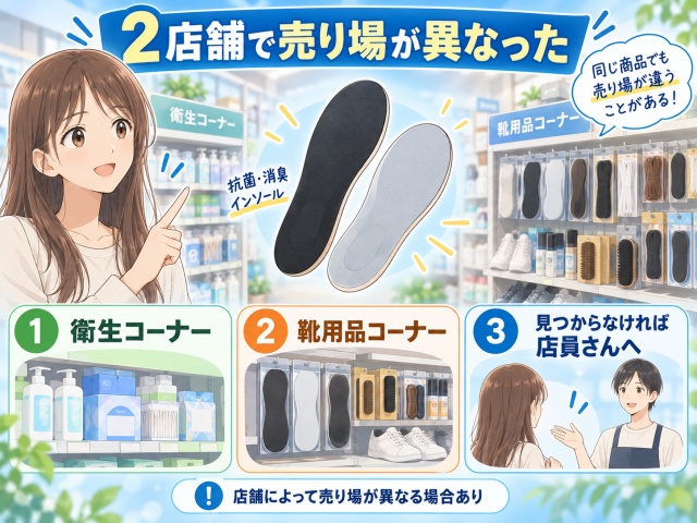 セリアの抗菌・消臭インソールは衛生コーナーと靴用品コーナーで確認され、見つからなければ店員に確認する流れをまとめた図