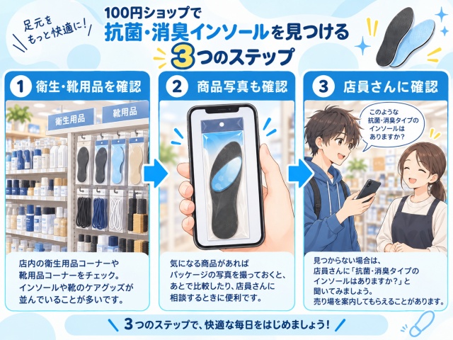 セリアで抗菌・消臭インソールを探すときに衛生・靴用品コーナーを確認し、見つからなければ店員に尋ねる3ステップ