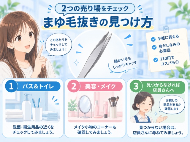 セリアのまゆ毛抜きを探す2系統の売り場と店頭確認をまとめた図