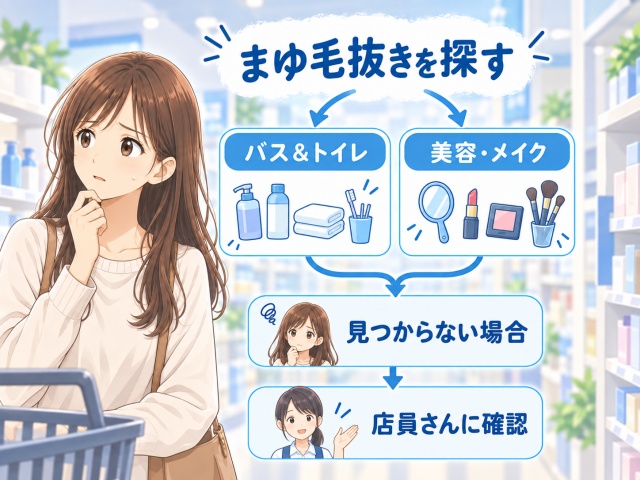 セリアでまゆ毛抜きを探す2系統の売り場と店頭での確認を示す図