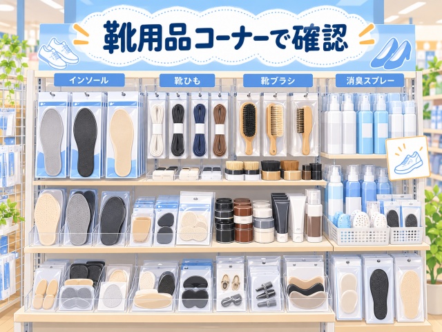 セリアで抗菌・消臭インソールを確認した靴用品コーナーをイメージしたイラスト
