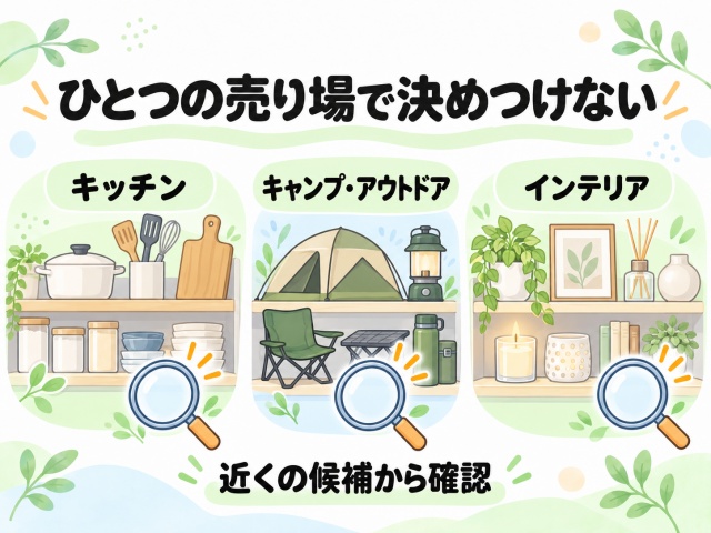キッチン、キャンプ・アウトドア、インテリアの各売り場を探すイメージ