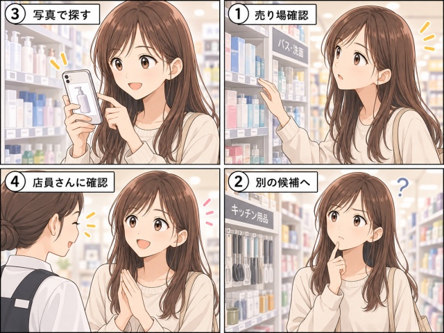 セリアで竹炭を探す流れを4コマで示したイラスト。売り場を確認し、別の候補を探し、商品写真を目印にして、最後に店員へ確認する様子。