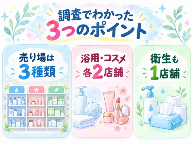 5店舗調査で売り場が3種類に分かれ、浴用・コスメが各2店舗、衛生が1店舗だったことをまとめた図