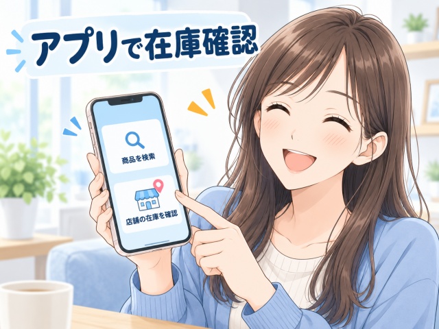 スマートフォンのアプリでアイメイククレンジングスポンジの店舗在庫を確認するイメージ