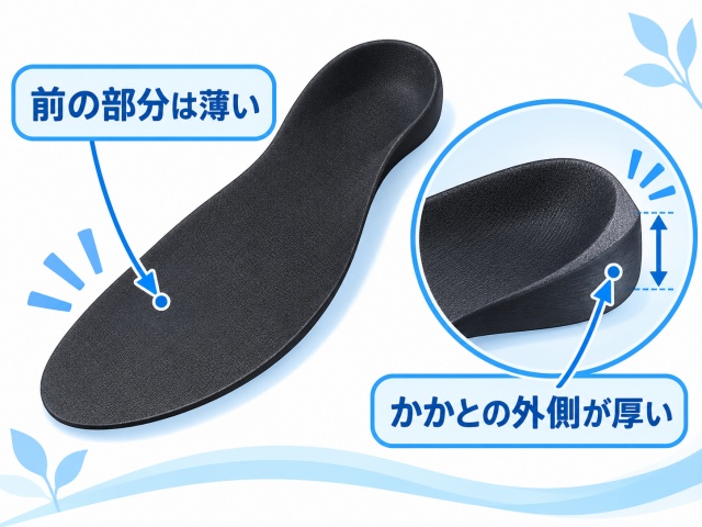 O脚ケアプラスインソールのかかと外側が厚い立体設計を示した図解