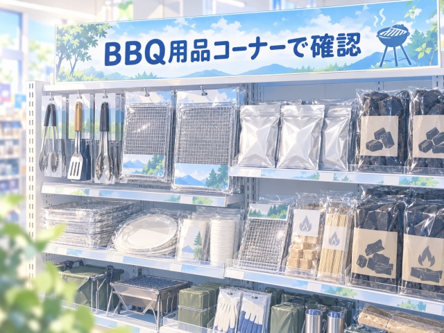 キャンドゥのBBQ用品コーナーに着火剤が並んでいるイメージ