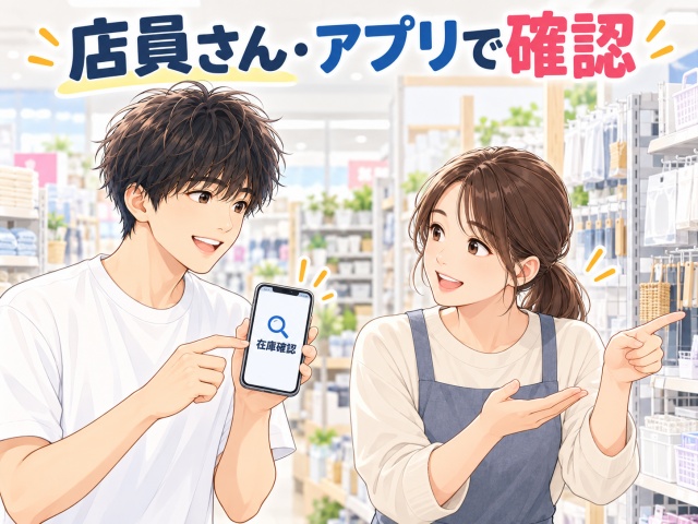 布団クリップが見つからず店員さんとスマートフォンの在庫検索で確認する男性のイラスト