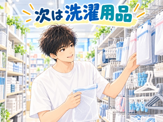 収納やインテリアで見つからない場合に洗濯用品コーナーを探す男性のイラスト