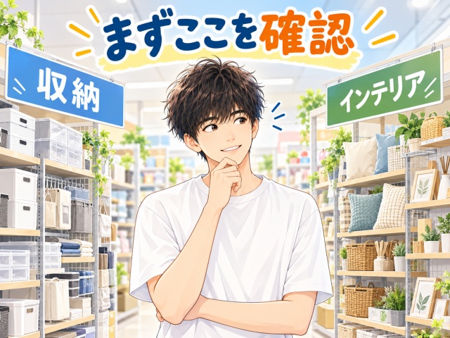 布団クリップを探すため収納とインテリアの売り場を確認する男性のイラスト