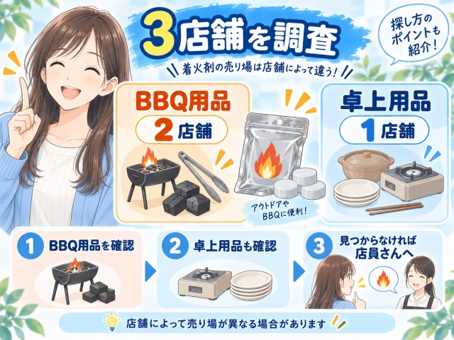 キャンドゥ3店舗の着火剤売り場とBBQ用品から卓上用品へ探す流れをまとめた図