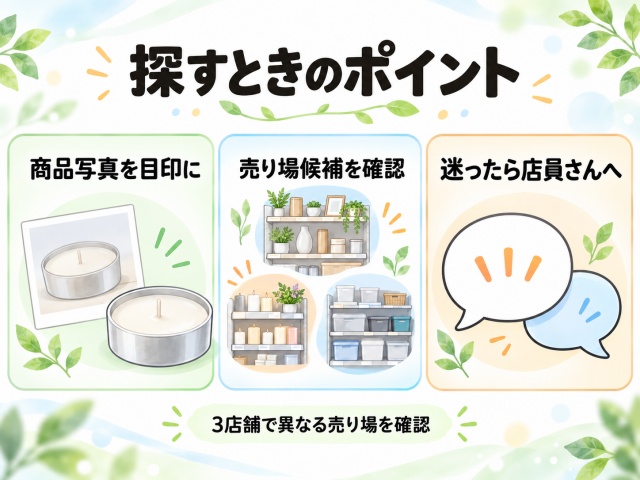 商品写真を目印に売り場候補を確認し、迷ったら店員に尋ねるという探し方の要点