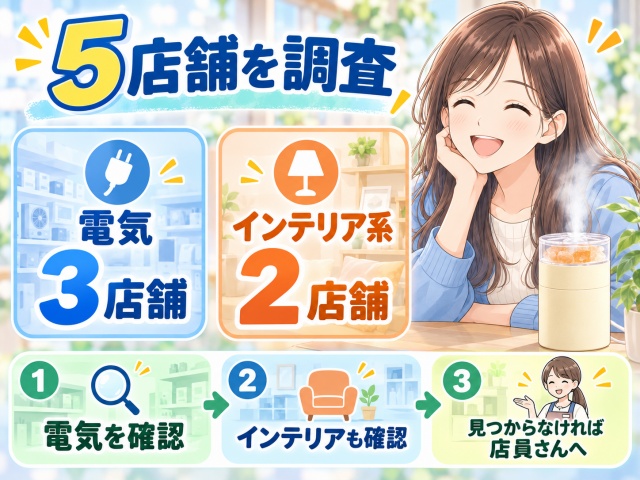 ダイソー5店舗の加湿器売り場調査と探し方3ステップをまとめた図