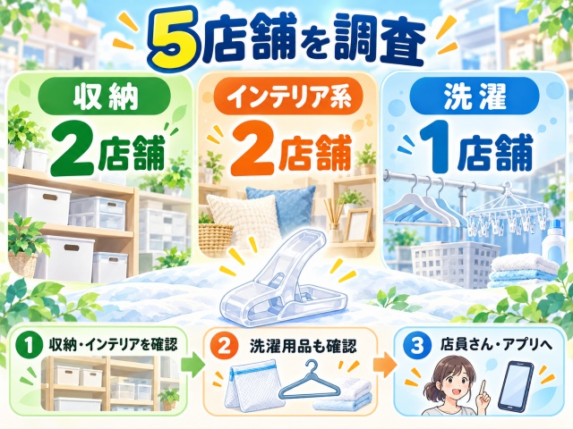 ダイソー5店舗の布団クリップ売り場調査結果と探す順番をまとめたインフォグラフィック