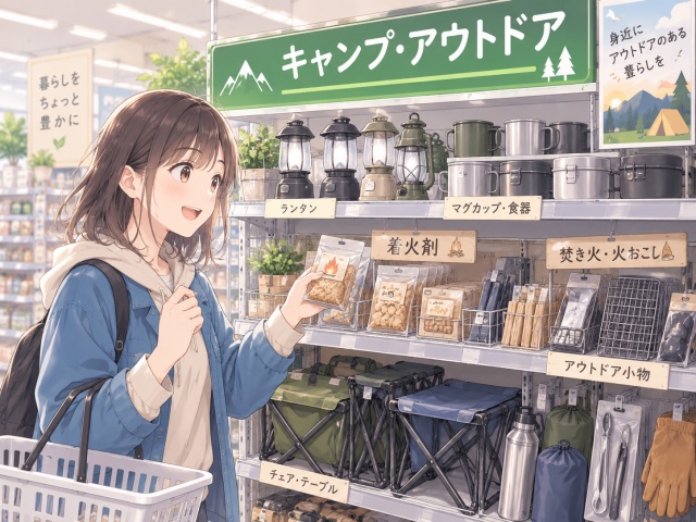 セリア アオッサモール店で水に強い着火剤を確認したキャンプ・アウトドアコーナー