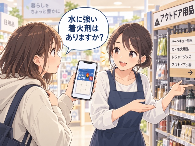 水に強い着火剤の商品写真を見せながら店員に売り場を確認する様子