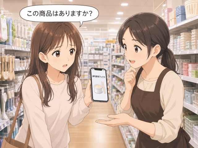 スマートフォンの商品写真を見せて店舗スタッフに確認する様子