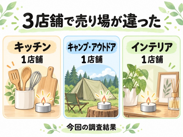 虫よけティーライトキャンドルをキッチン、キャンプ・アウトドア、インテリアで各1店舗確認した調査結果