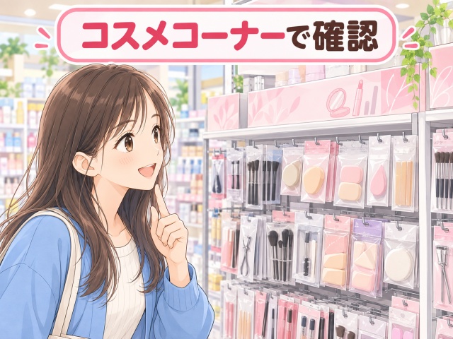 コスメコーナーでアイメイククレンジングスポンジを探すイメージを表したイラスト