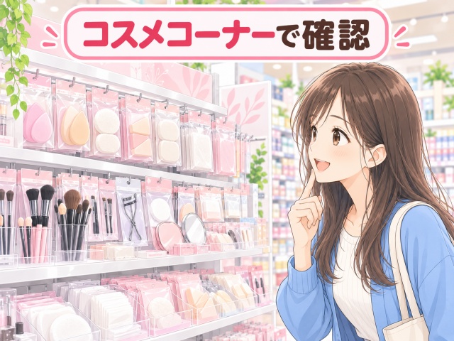 コスメコーナーに並ぶ化粧小物の中からアイメイククレンジングスポンジを探すイメージイラスト