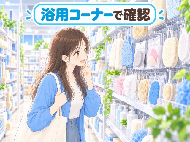 浴用コーナーの棚でアイメイククレンジングスポンジを探すイメージイラスト