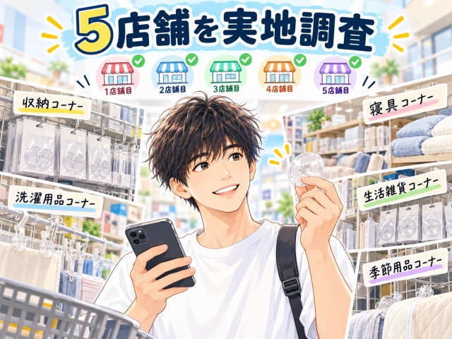 福井県内のダイソー5店舗を回って布団クリップの売り場を調査する男性のイラスト