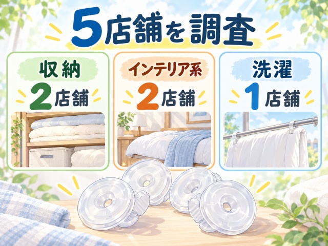 ダイソー5店舗で布団クリップの売り場を調査し、収納2店舗・インテリア系2店舗・洗濯1店舗だった結果を示す図