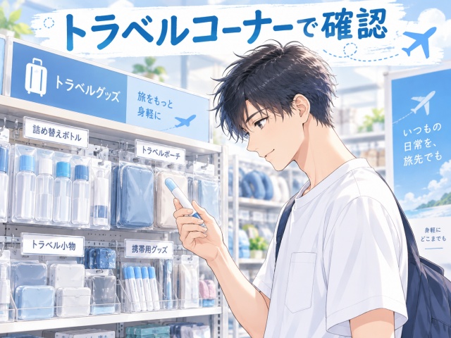 トラベルコーナーを確認している男性と旅行用品売り場を描いたイメージ画像