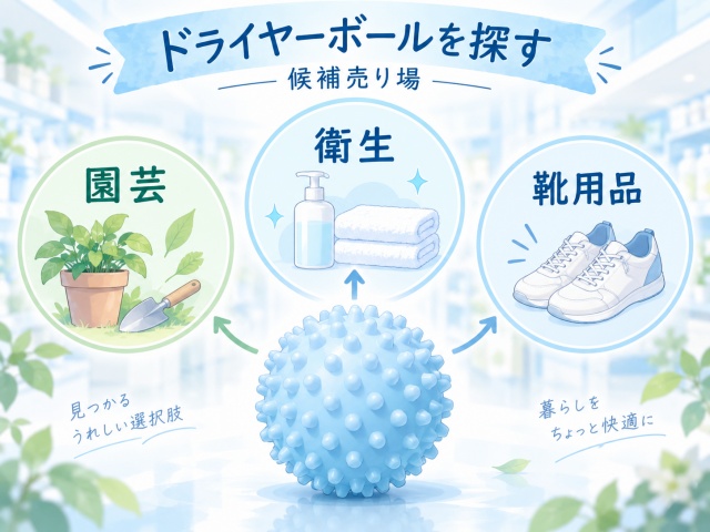 ドライヤーボールPVCを確認した園芸・衛生・靴用品の3つの売り場候補