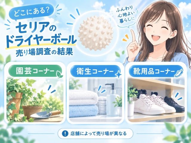 セリアのドライヤーボールPVCを園芸・衛生・靴用品コーナーで確認した3店舗の売り場比較