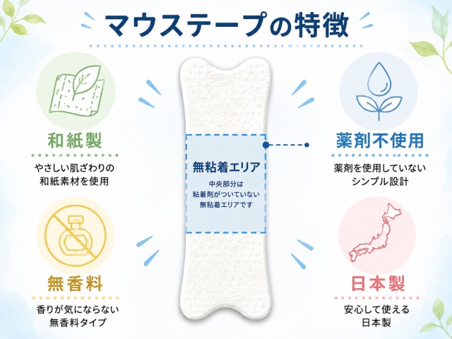 ぐっすりマウステープの無粘着エリアと主な特徴を示す図