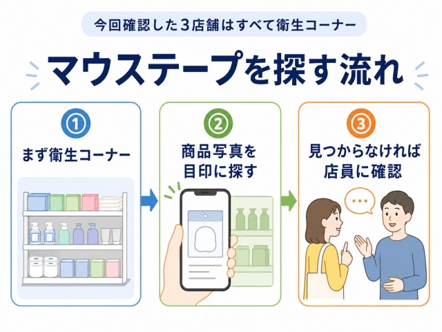 セリアでマウステープを探す流れを3段階でまとめた図