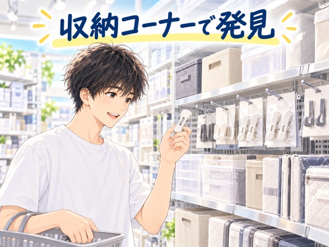 ヤスサキワイプラザ新保店の収納コーナーで布団クリップを探すイメージ