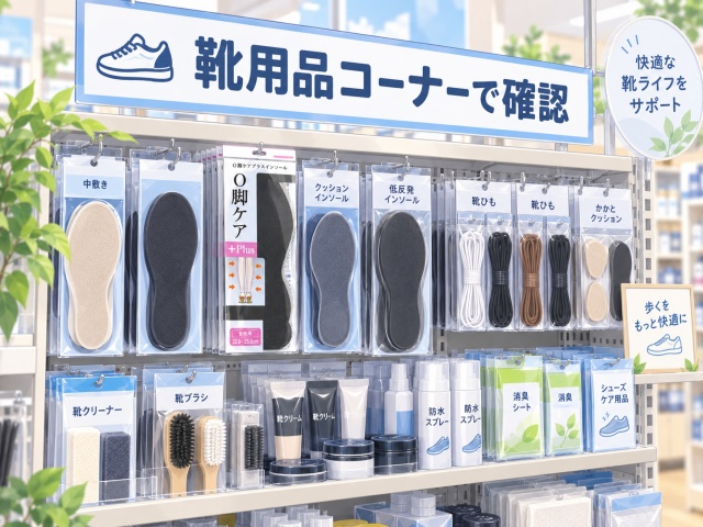 セリアワイプラザ福井南店でO脚ケアプラスインソールを靴用品コーナーで確認したイメージ