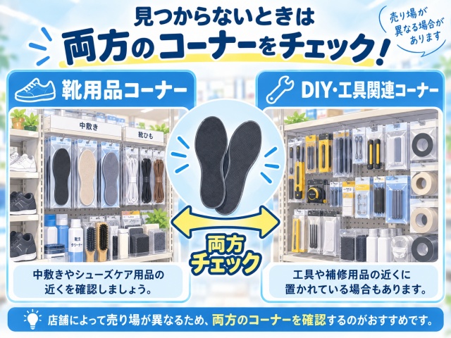 O脚ケアプラスインソールは靴用品とDIY・工具関連の両方を確認するべきことを示した図