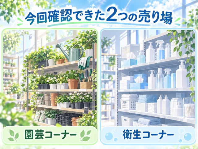 今回セリア3店舗で確認できた園芸コーナーと衛生コーナーの比較