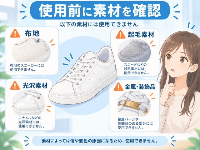 スニーカー用消しゴムの使用に適さない布地・起毛素材・光沢素材・金属など