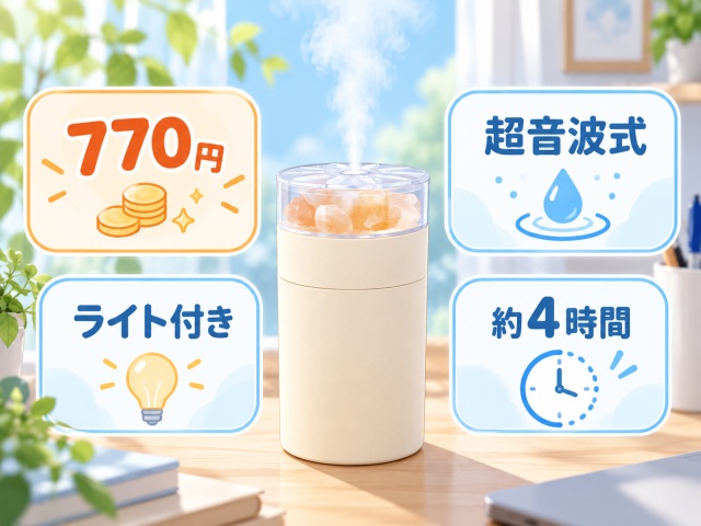 770円、超音波式、ライト付き、約4時間の特徴をまとめた加湿器の図