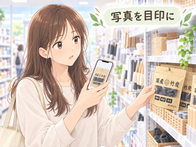 スマートフォンの商品写真を見ながら竹炭を棚から探す女性のイラスト