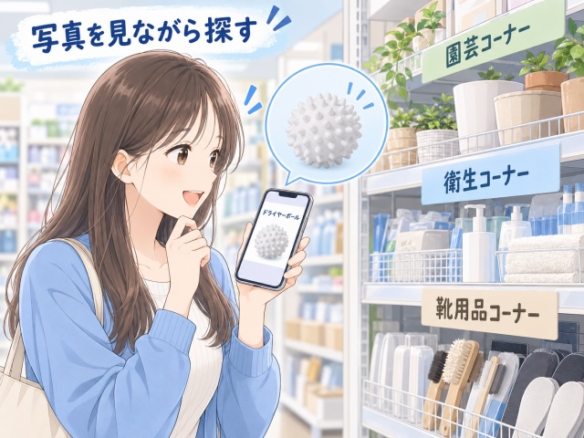 スマートフォンの商品写真を見ながらドライヤーボールを探すイメージ