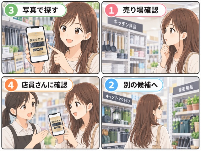 セリアで竹炭を探す際に売り場確認、別の候補、商品写真、店員への確認へ進む4コマ漫画