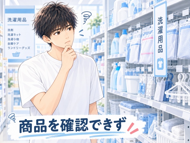 洗濯用品コーナーを探したもののシミ取りペンを確認できなかった様子を表したイメージ画像
