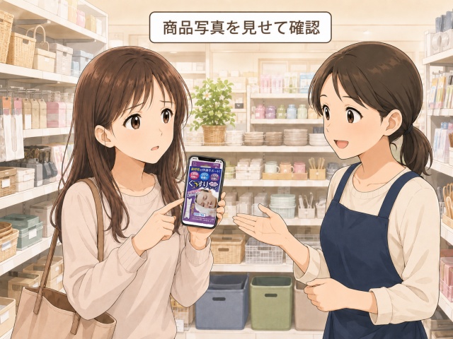 マウステープが見つからず商品写真を見せて店員に確認する場面