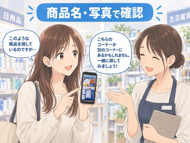 商品写真をスマートフォンで店員に見せて売り場を確認する人