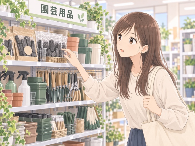 竹炭の売り場候補として園芸用品コーナーを確認するイメージ