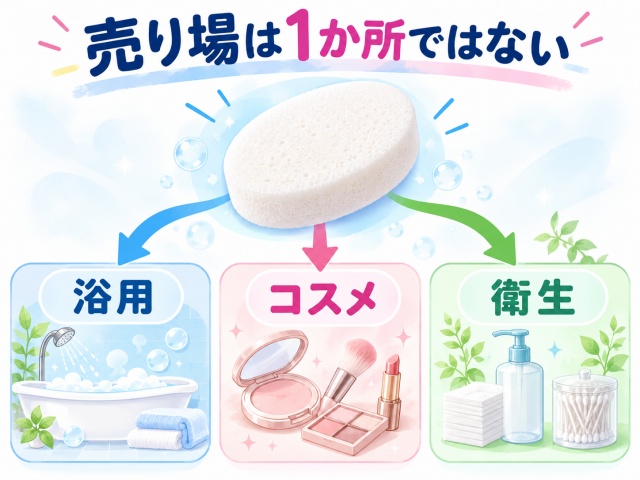 アイメイククレンジングスポンジが浴用・コスメ・衛生の3種類の売り場で確認されたことを示す図