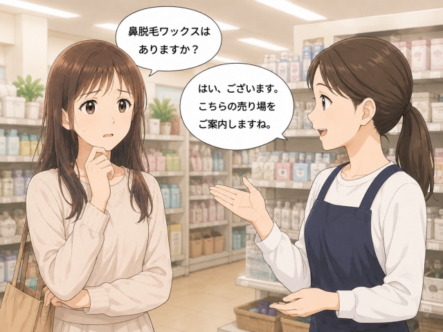 鼻脱毛ワックスが見つからず店舗スタッフに売り場を尋ねる様子