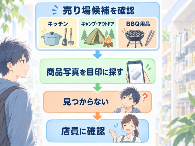 水に強い着火剤を売り場候補から探し見つからなければ店員に確認する流れ