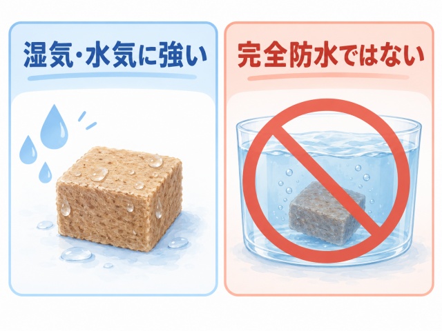 水に強い着火剤は湿気や水気に強いが完全防水ではないことを示す図